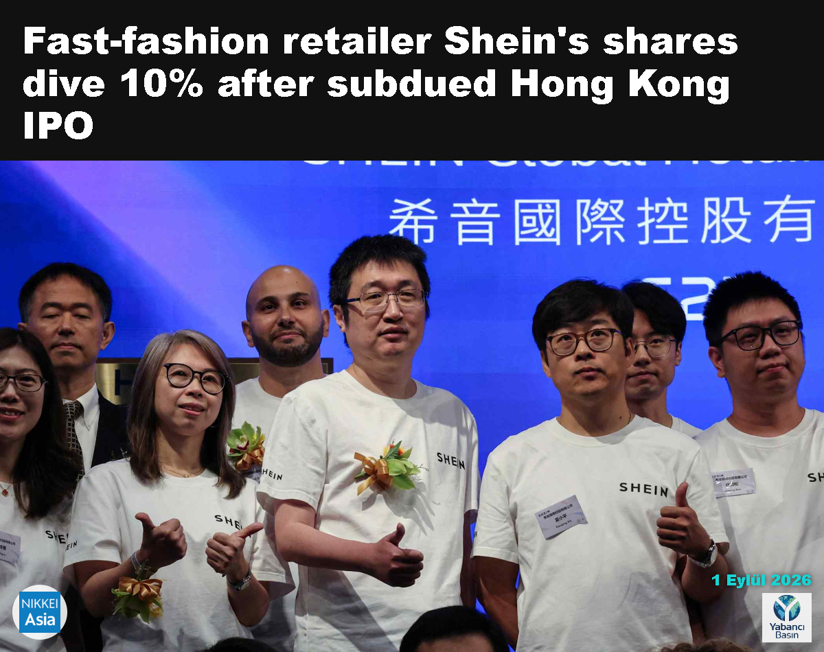 Shein kurucusu Sky Xu, 1 Eylül'de Hong Kong Borsası'ndaki kote olma töreninin ardından düzenlenen fotoğraf çekiminde sahnede görünüyor. © Reuters