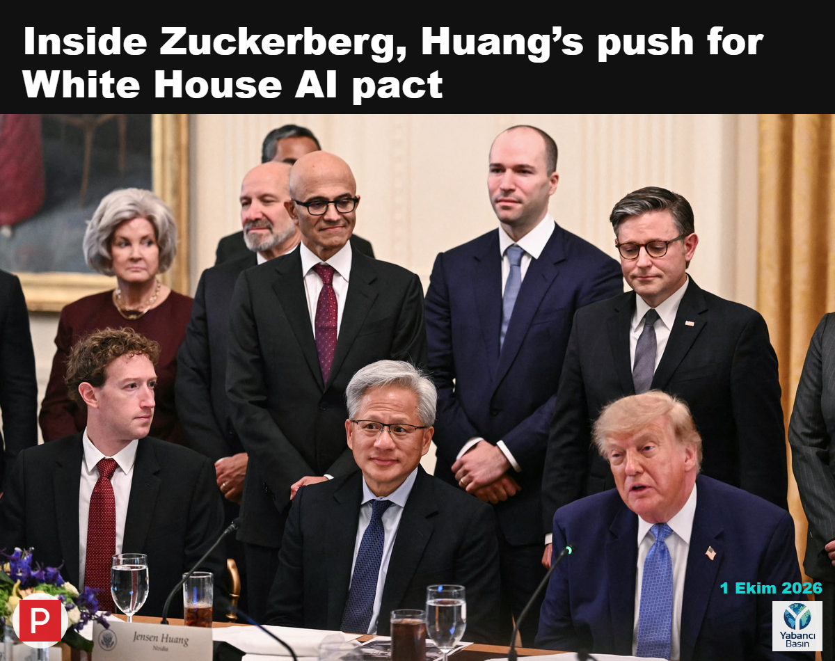 Başkan Donald Trump, 29 Eylül 2026’da Washington’daki Beyaz Saray’ın Doğu Salonu’nda yapay zekâ hakkında teknoloji yöneticileriyle düzenlenen toplantıda, Nvidia Üst Yöneticisi Jensen Huang ve Meta Üst Yöneticisi Mark Zuckerberg’in yanında konuşuyor. | Kent Nishimura/AFP via Getty Images