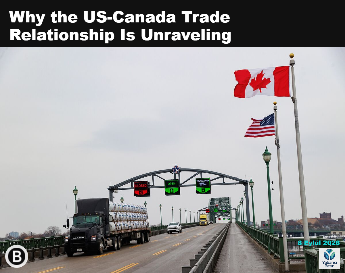 Ontario, Fort Erie’de Kanada-ABD sınırındaki Peace Köprüsü’nden kamyonlar geçiyor. Fotoğraf: Cole Burston/Bloomberg
