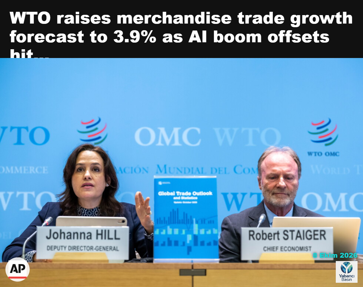 DTÖ Genel Direktör Yardımcısı Johanna Hill ve DTÖ Başekonomisti Robert Staiger, 8 Ekim 2026’da İsviçre’nin Cenevre kentindeki Dünya Ticaret Örgütü merkezinde düzenlenen basın toplantısında konuşuyor. (Martial Trezzini/Keystone via AP)