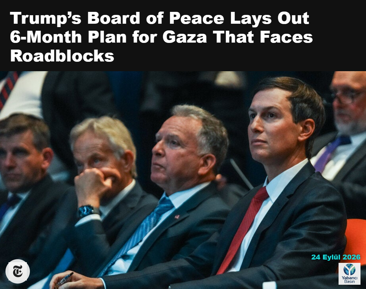 Sağdan Jared Kushner, Steve Witkoff ve eski İngiltere Başbakanı Tony Blair, çarşamba günü New York’ta Birleşmiş Milletler Genel Kurulu kulisinde Başkan Trump’ın Barış Kurulu üyeleri olarak bilgilendirme toplantısını izliyor. Ryan Murphy/Getty Images