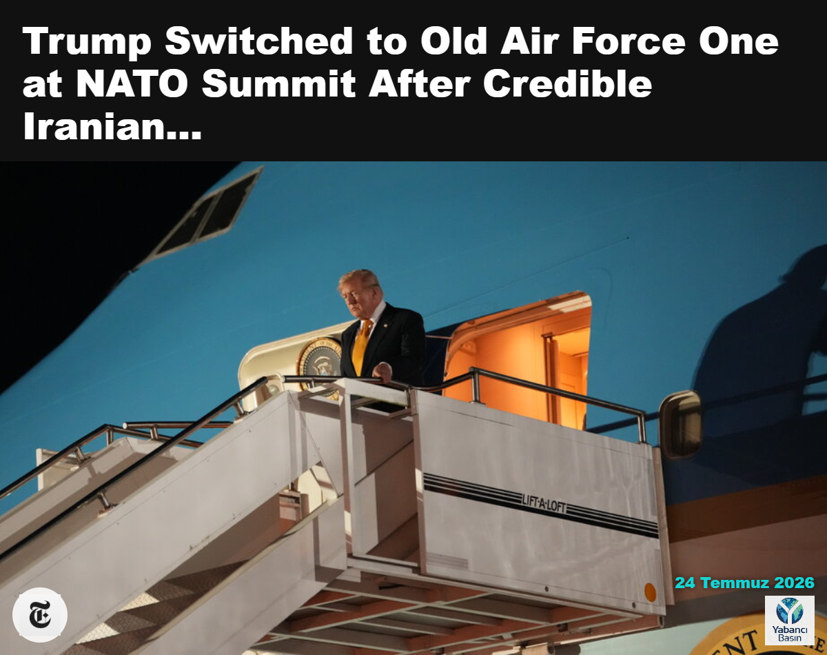 Başkan Trump, 8 Temmuz’da İngiltere’deki Mildenhall Hava Üssü’nde eski Air Force One’dan inerken. Washington’a dönüş uçuşu için Katar’ın bağışladığı daha yeni uçağa geçti. Doug Mills/The New York Times