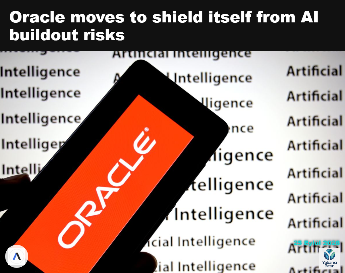 Yapay zekâ ifadesiyle kaplı bir arka planın önünde Oracle logosu taşıyan bir tablet. Fotoğraf illüstrasyonu: Avishek Das/SOPA Images/LightRocket via Getty Images