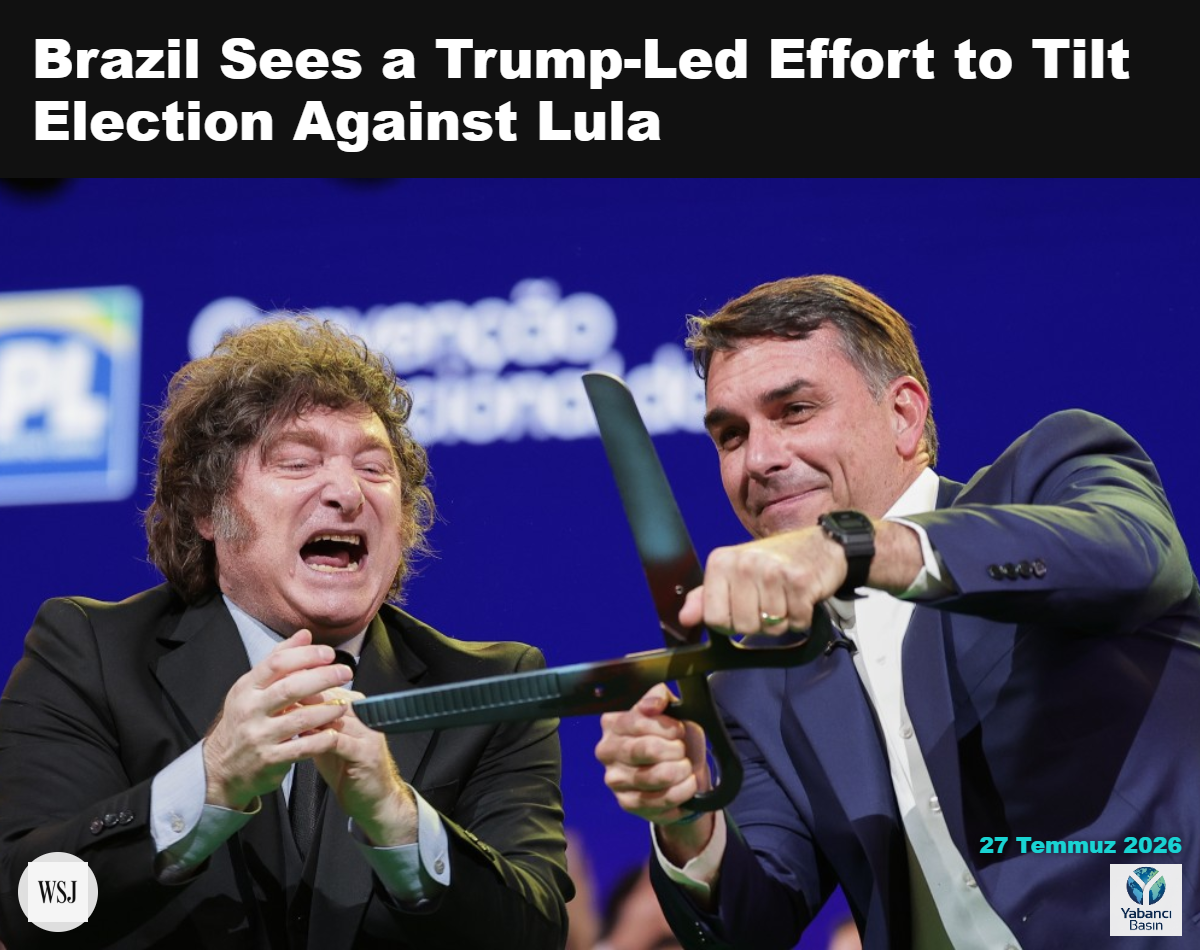 Flávio Bolsonaro, sağda, Bolsonaro'nun cumartesi günü düzenlenen kampanya lansmanında Arjantin Devlet Başkanı Javier Milei ile birlikte. ETTORE CHIEREGUINI/ASSOCIATED PRESS