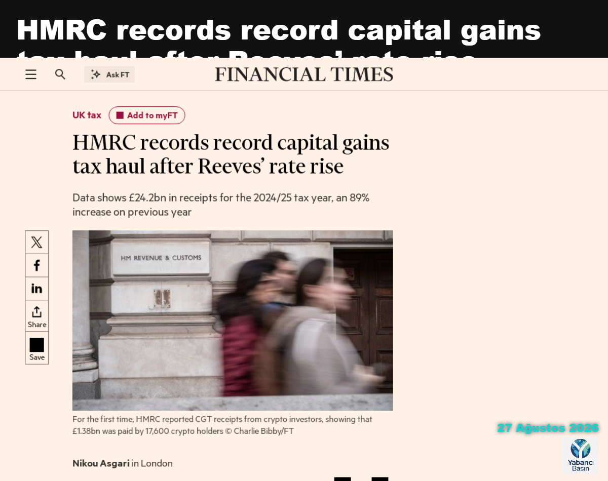 İlk kez HMRC kripto yatırımcılarından elde edilen sermaye kazancı vergisi gelirlerini açıkladı; 17.600 kripto varlık sahibi 1,38 milyar sterlin ödedi. © Charlie Bibby/FT