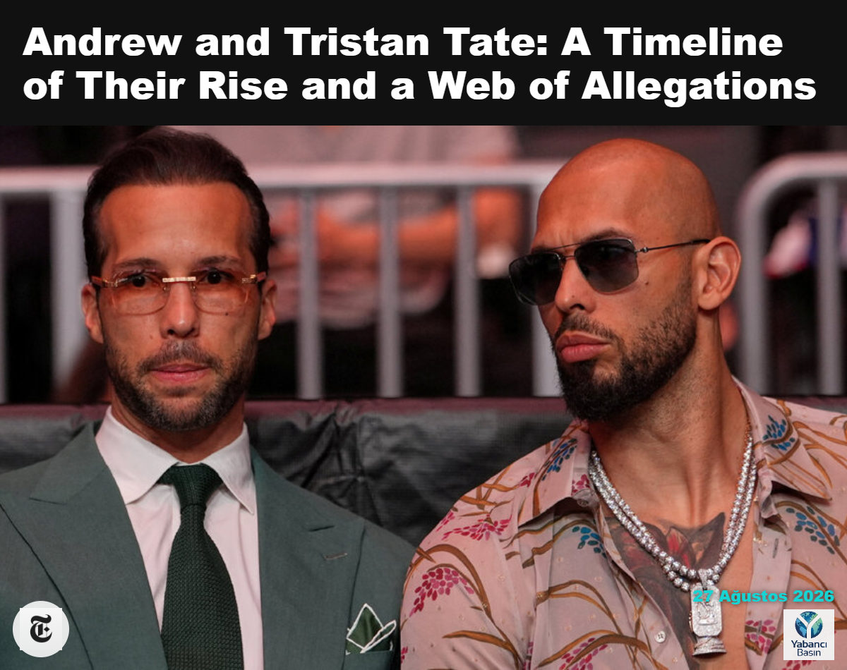 Andrew Tate, sağda, ve kardeşi Tristan, nisan ayında Miami’deki Kaseya Center’da düzenlenen UFC 327 etkinliğinde. Julia Demaree Nikhinson’ın havuz fotoğrafı